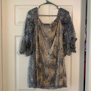Southern Fried Chics off the shoulder blue / gray sequin dress